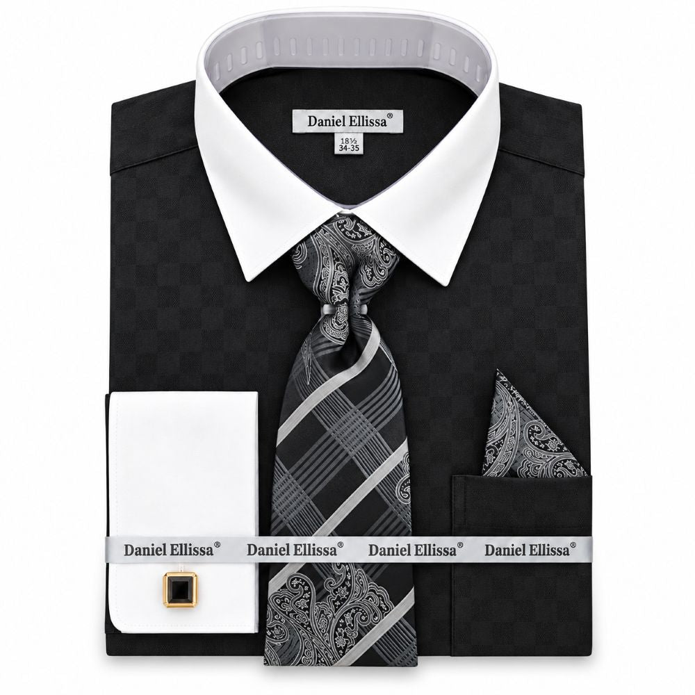 Black White French Cuff Dress Shirt Set with Tie, Cuff Links and Pocket Square