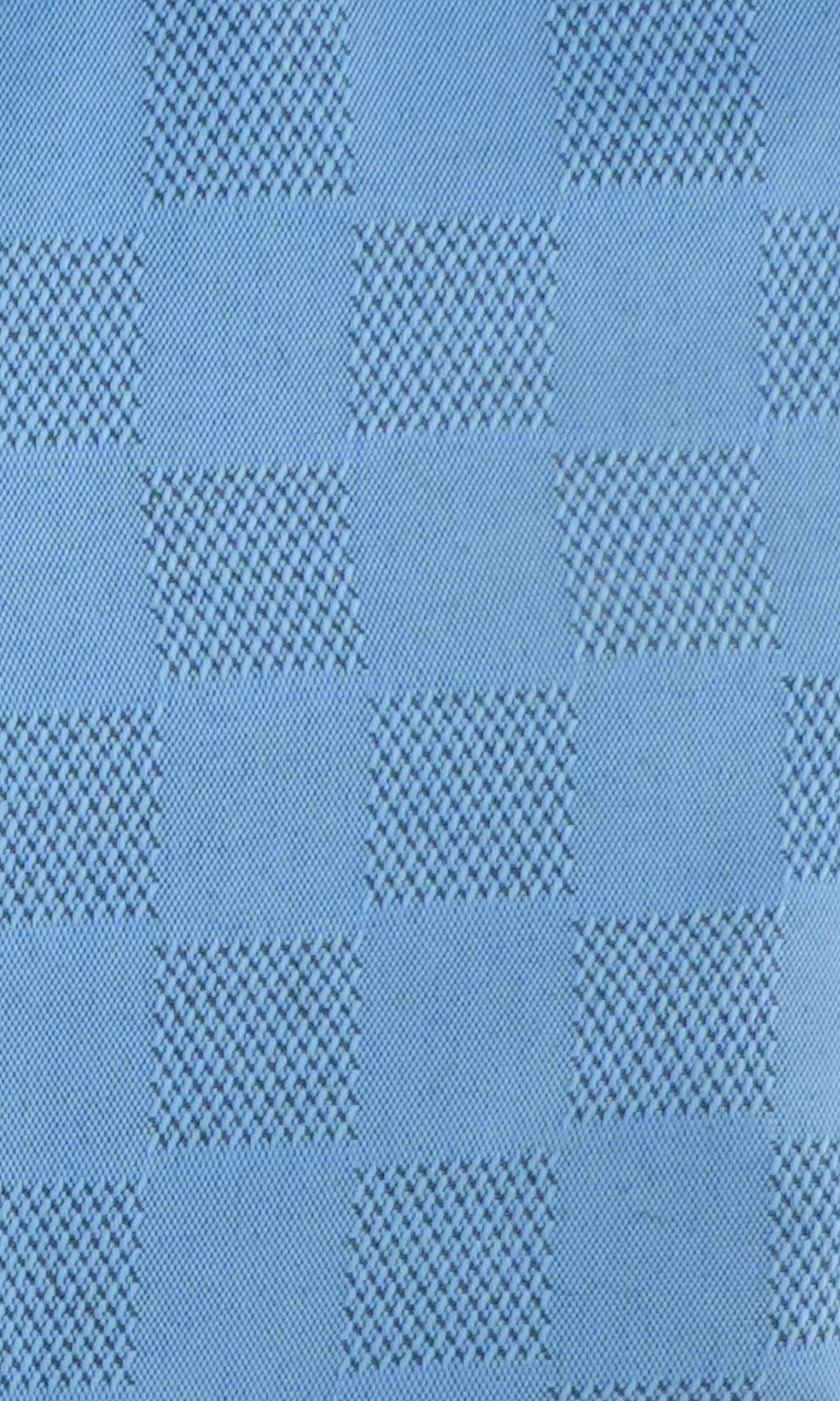 Elegant blue & white patterned French cuff dress shirt set, complete with matching tie, cuff links, and pocket square.