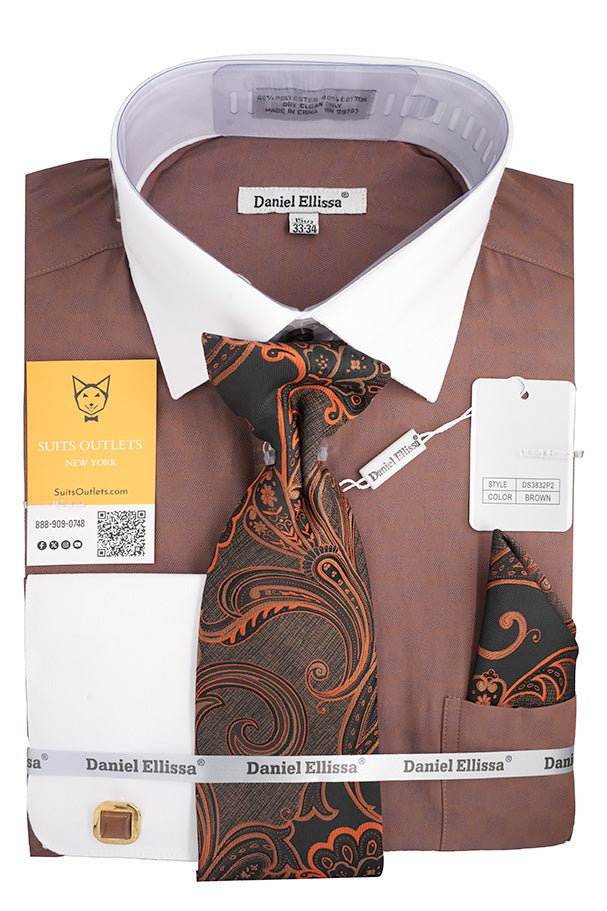 Brown White French Cuff Dress Shirt Set with Tie and Handkerchief