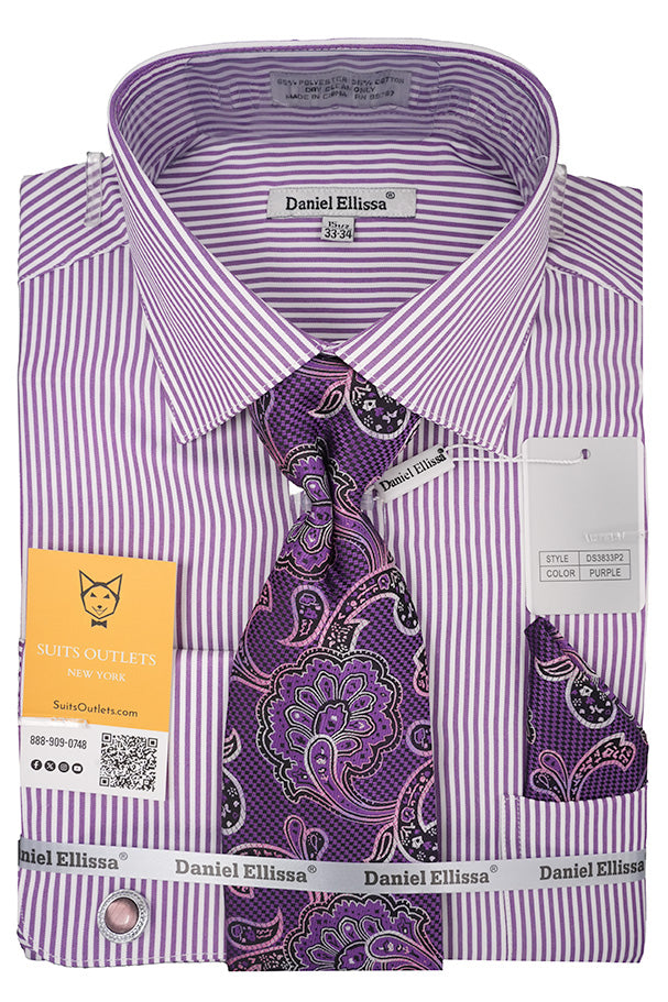 Purple White Bold Stripe Dress Shirt with Tie, Cuff Links and Pocket Square