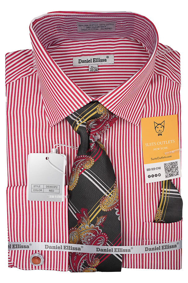 Red White Bold Stripe Dress Shirt with Tie, Cuff Links and Pocket Square