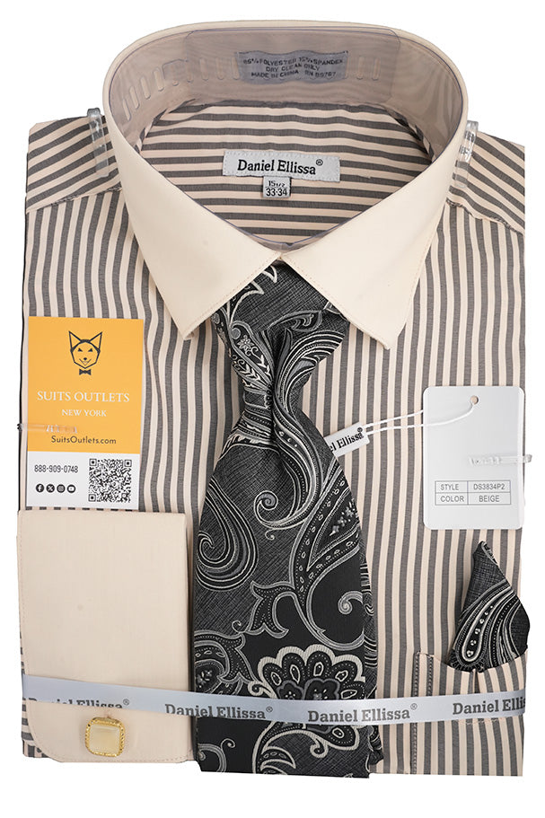Men's Beige Black Bold Stripe French Cuff Dress Shirt with Tie, Cuff Links and Pocket Square 18½ 34/35 / Beige
