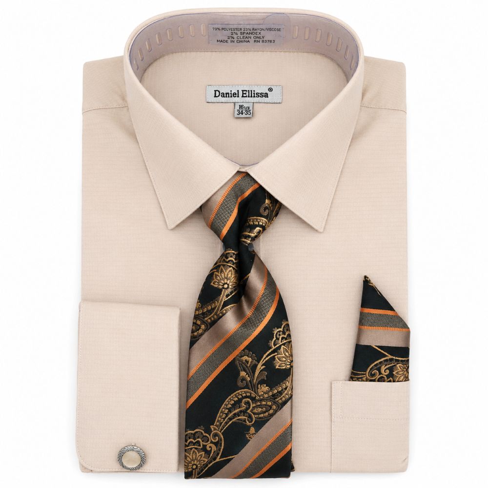 Regular Fit Jacquard French Cuff Dress Shirt Set - Beige