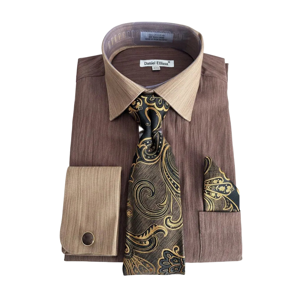 Brown Textured French Cuff Dress Shirt Set with Tie, Cuff Links and Pocket Square