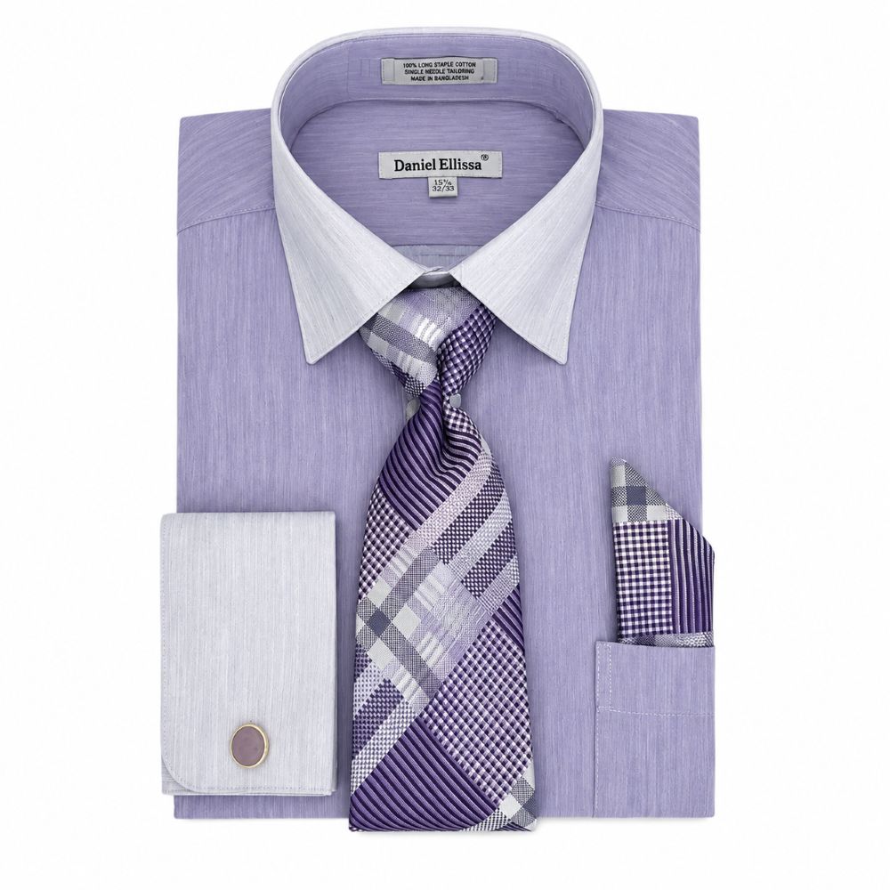 Regular Fit Textured French Cuff Dress Shirt Set - Lavender