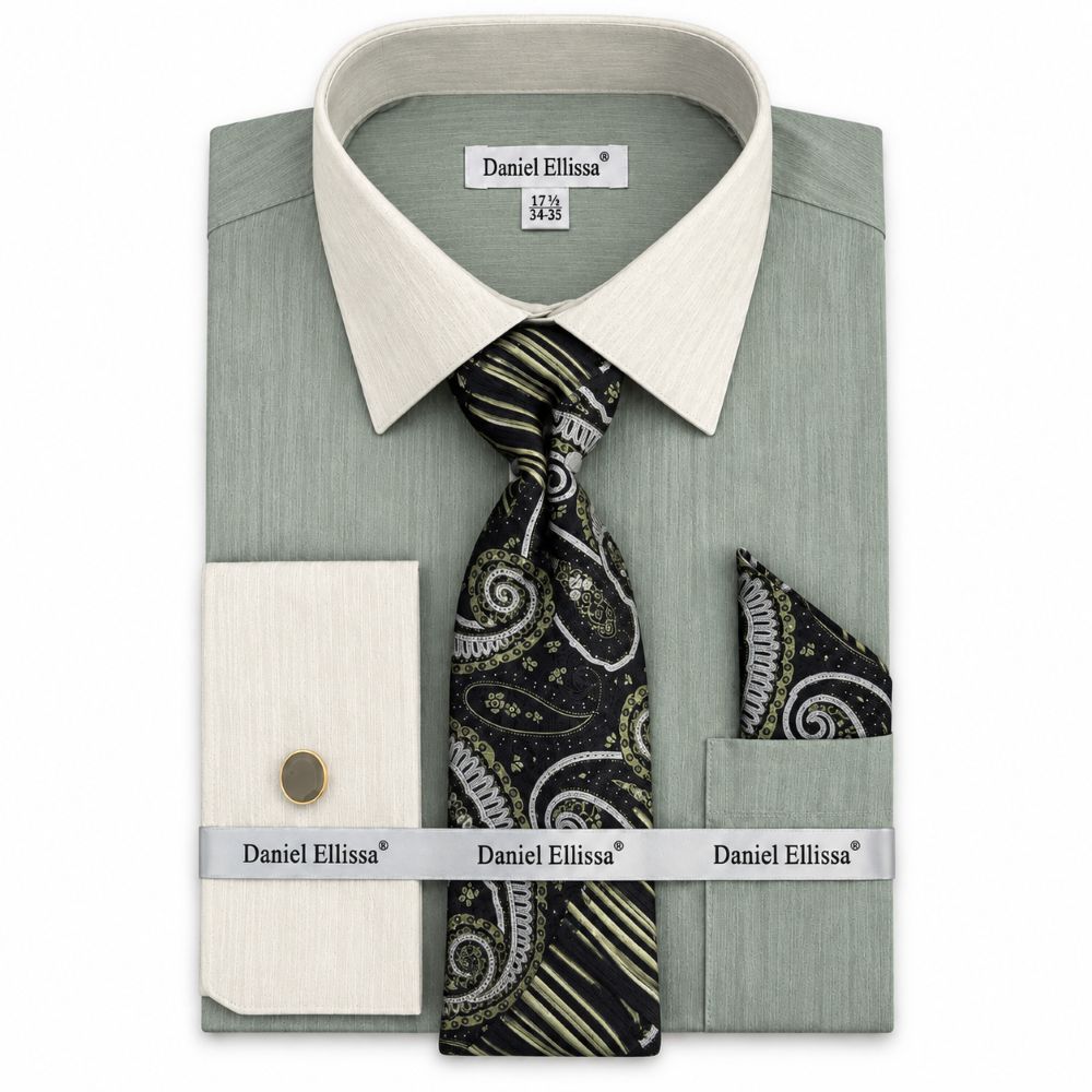 Regular Fit Textured French Cuff Dress Shirt Set - Olive