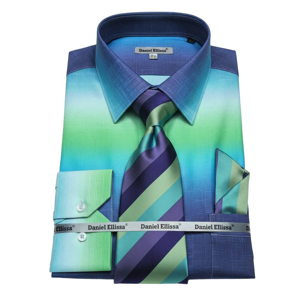 Aqua Multi Color Printed Dress Shirt Set with Convertible Cuff