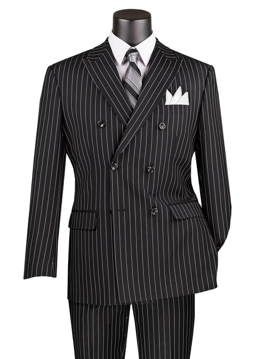 Black Regular Fit 2 Piece Pinstripe Double Breasted Suit With Flexible Elastic Waistband