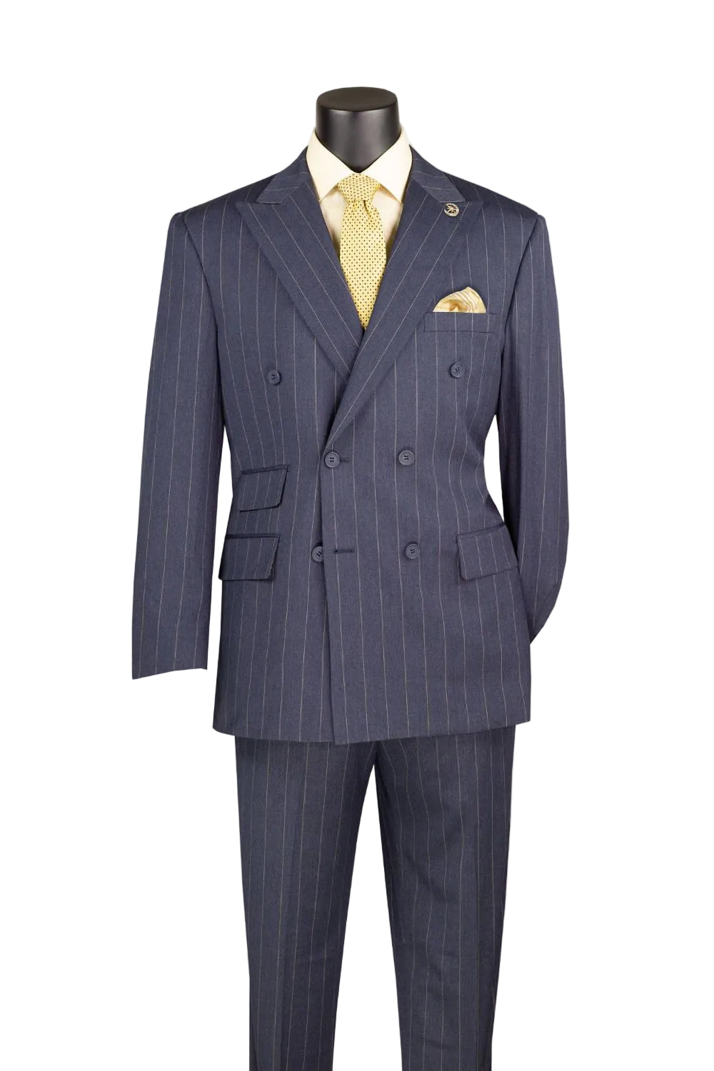 A navy blue double-breasted suit with thin white pinstripes, styled on a mannequin with a light yellow dress shirt, yellow tie, and matching pocket square against a plain white background.