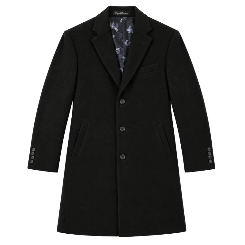 English Laundry Black Fall/Winter Essential Slim Fit Overcoat Wool Blend