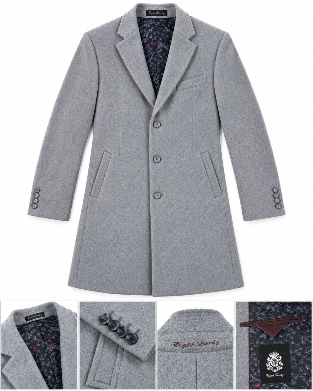 A light gray wool-blend coat with notch lapels, three front buttons, flap pockets, and button cuffs, shown on a white background with four detail inset images at the bottom showing the patterned lining, buttons, embroidery, and a brand patch.