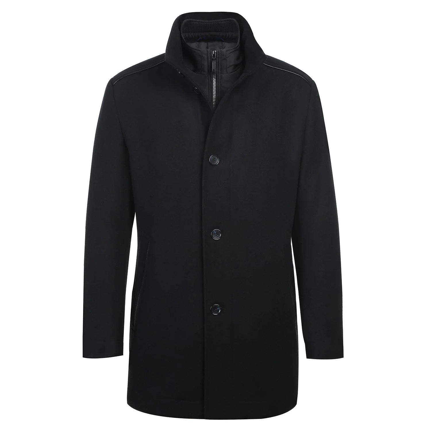Detail of the detachable full zipper on a black Renoir slim fit wool blend short coat.
