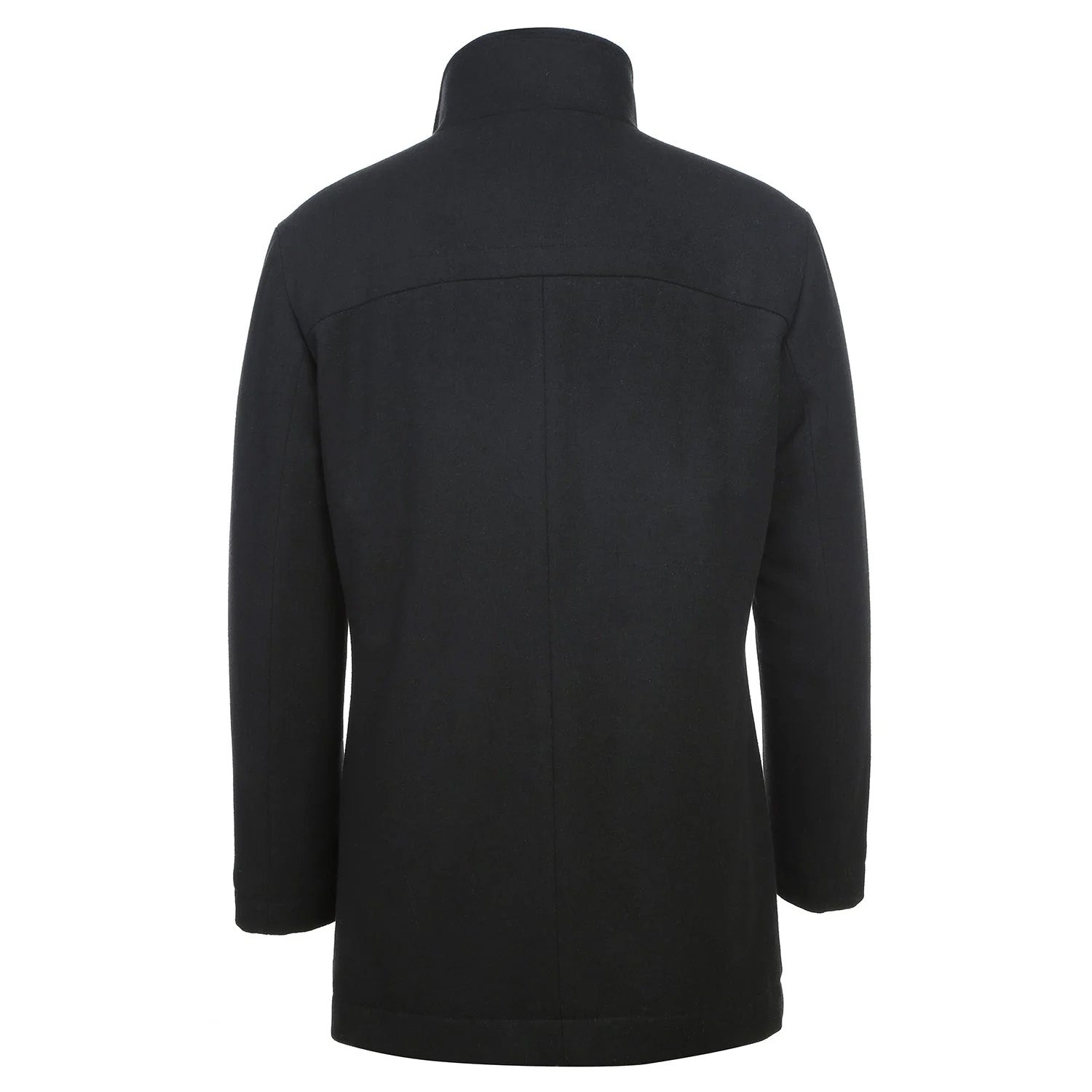 Premium men's English Laundry black slim fit wool blend short coat with detachable full zipper.