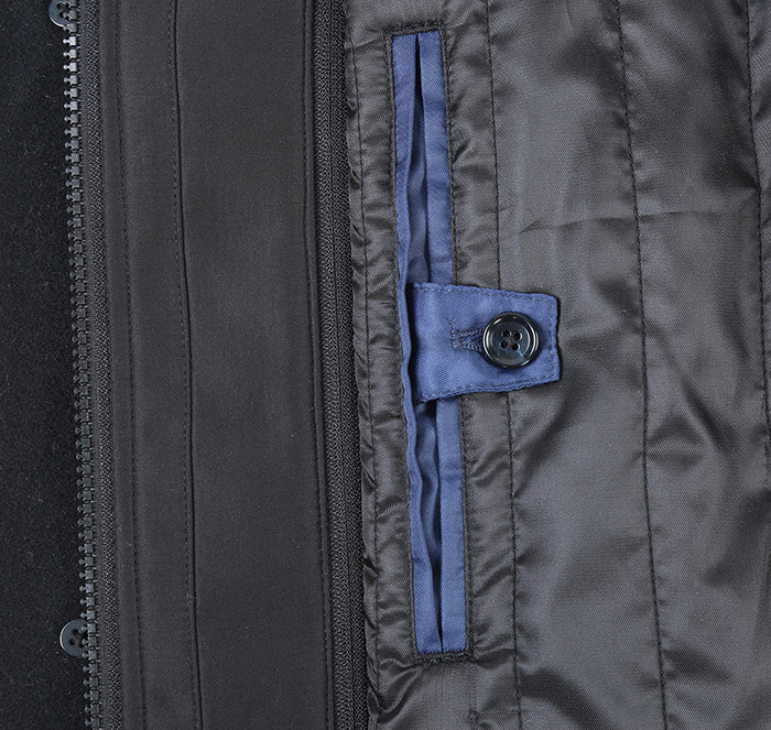 Close-up of the rich black wool blend and detachable zipper on an English Laundry slim fit short coat.