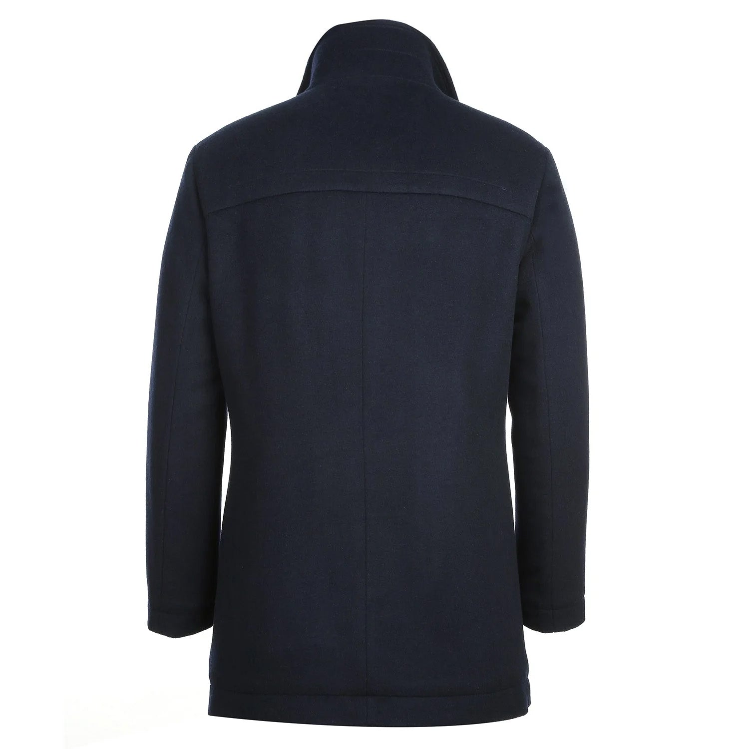 Renoir solid Navy Slim Fit Wool Blend Overcoat shown in full view on a white background.
