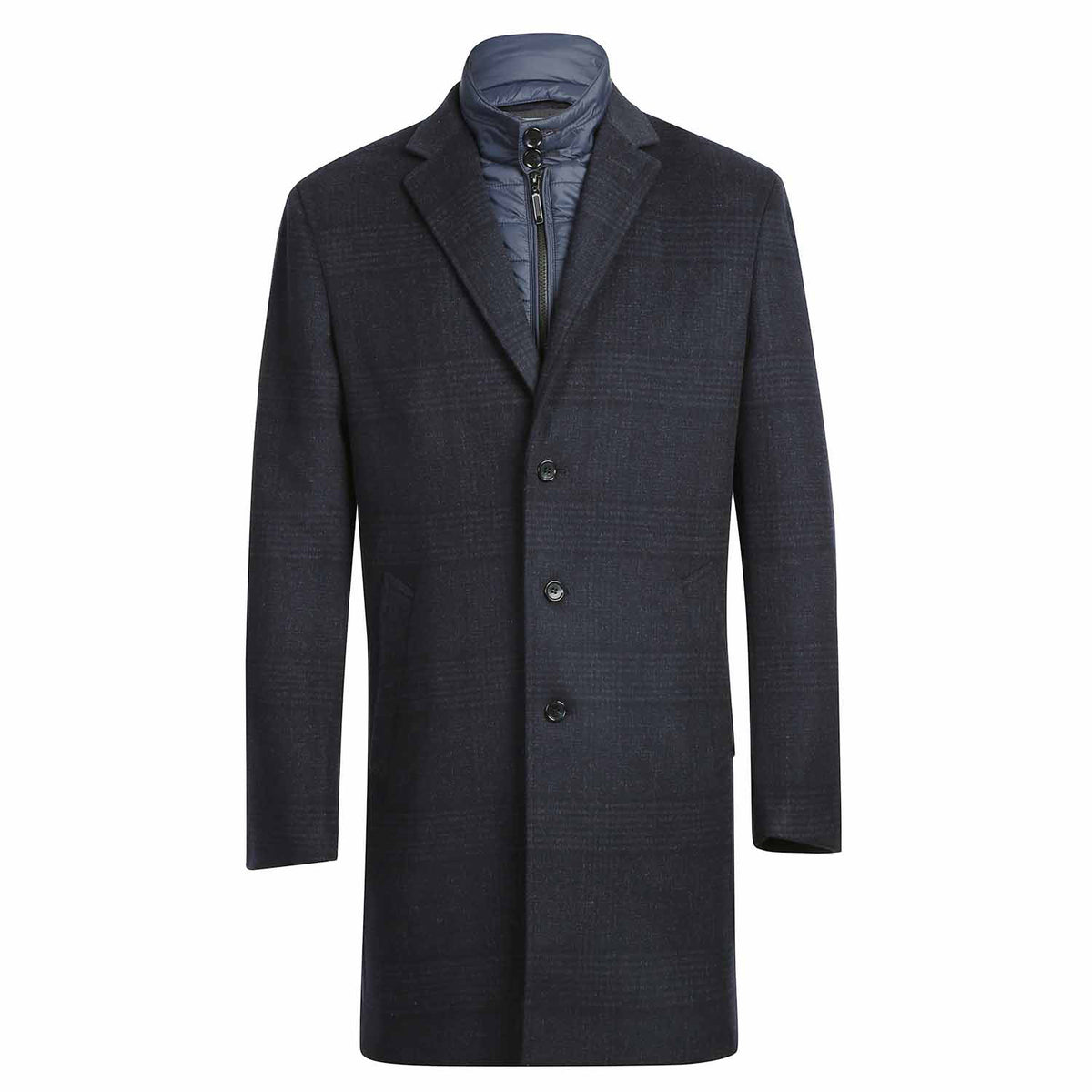 Dark blue overcoat with a textured pattern on a white background