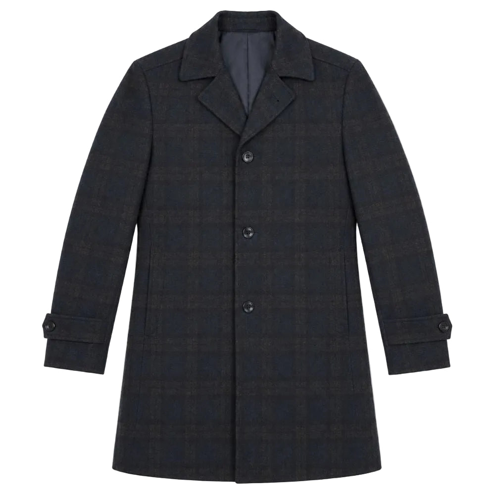 Navy Slim Fit Wool Blended Long Overcoat