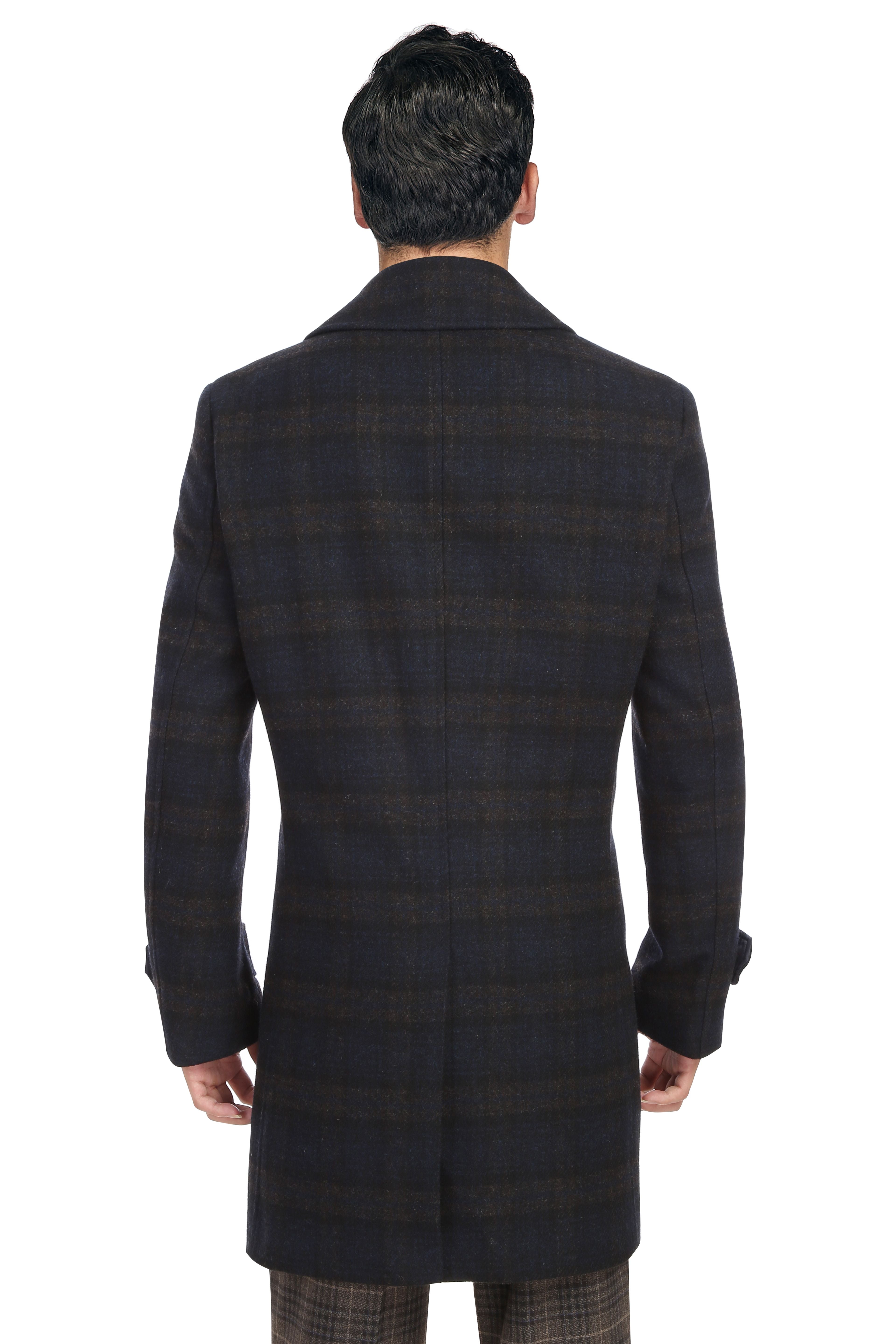 Front view of a man in a Renoir navy slim fit wool blend long overcoat, ideal for sophisticated layering.