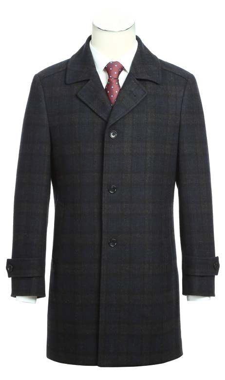 Renoir navy slim fit wool blend long overcoat. Close-up of its luxurious fabric and refined lapel.