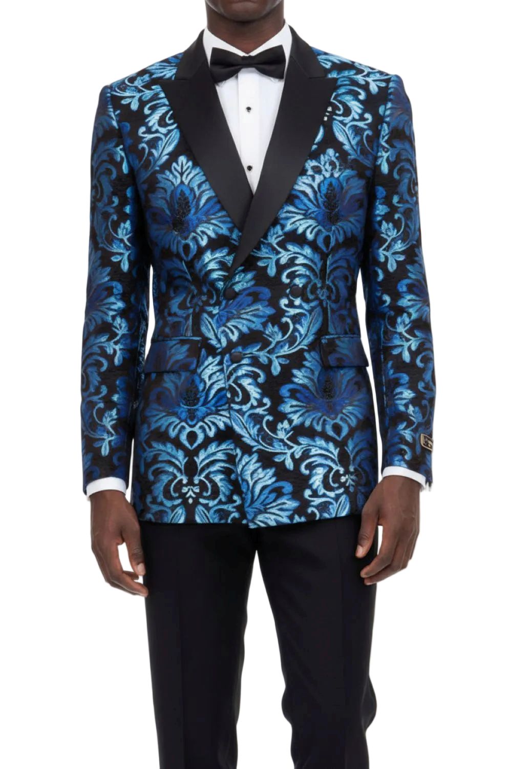 Blue floral patterned blazer with black lapels and a white shirt underneath on a white background