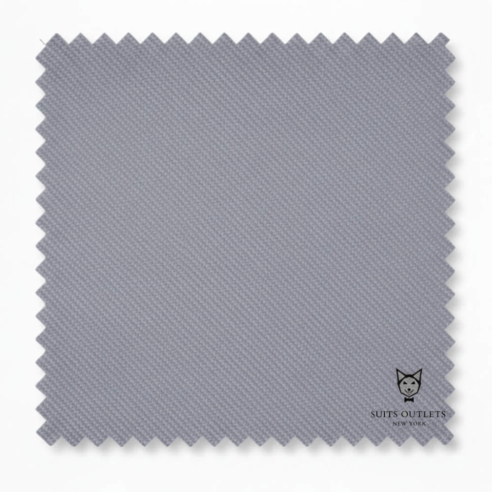 Gray fabric swatch with 'Suits Outlets New York' logo on a white background