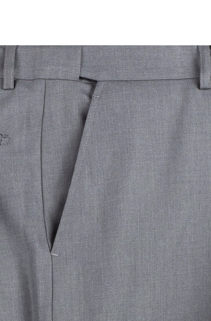 Close-up of gray pants with a belt