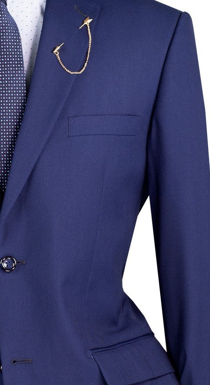 Close-up of a luxurious Vinci Patriot Blue tie, complementing the Nola Collection men's regular fit suit.