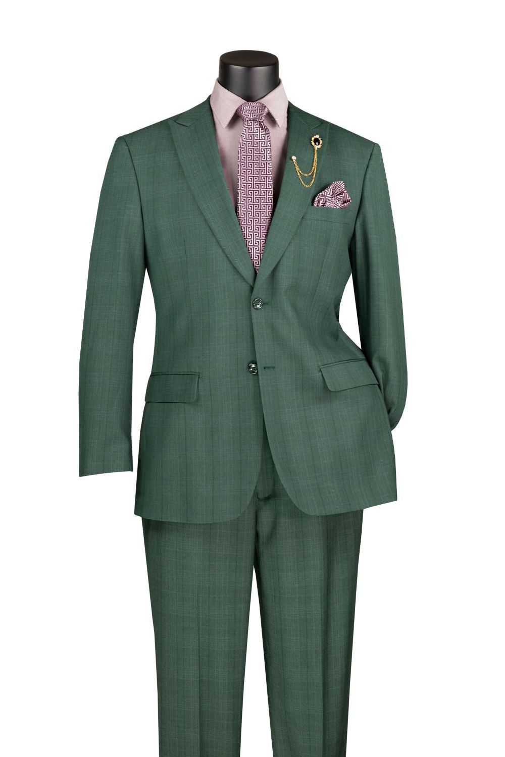 Green suit with a pink shirt and tie on a mannequin against a white background
