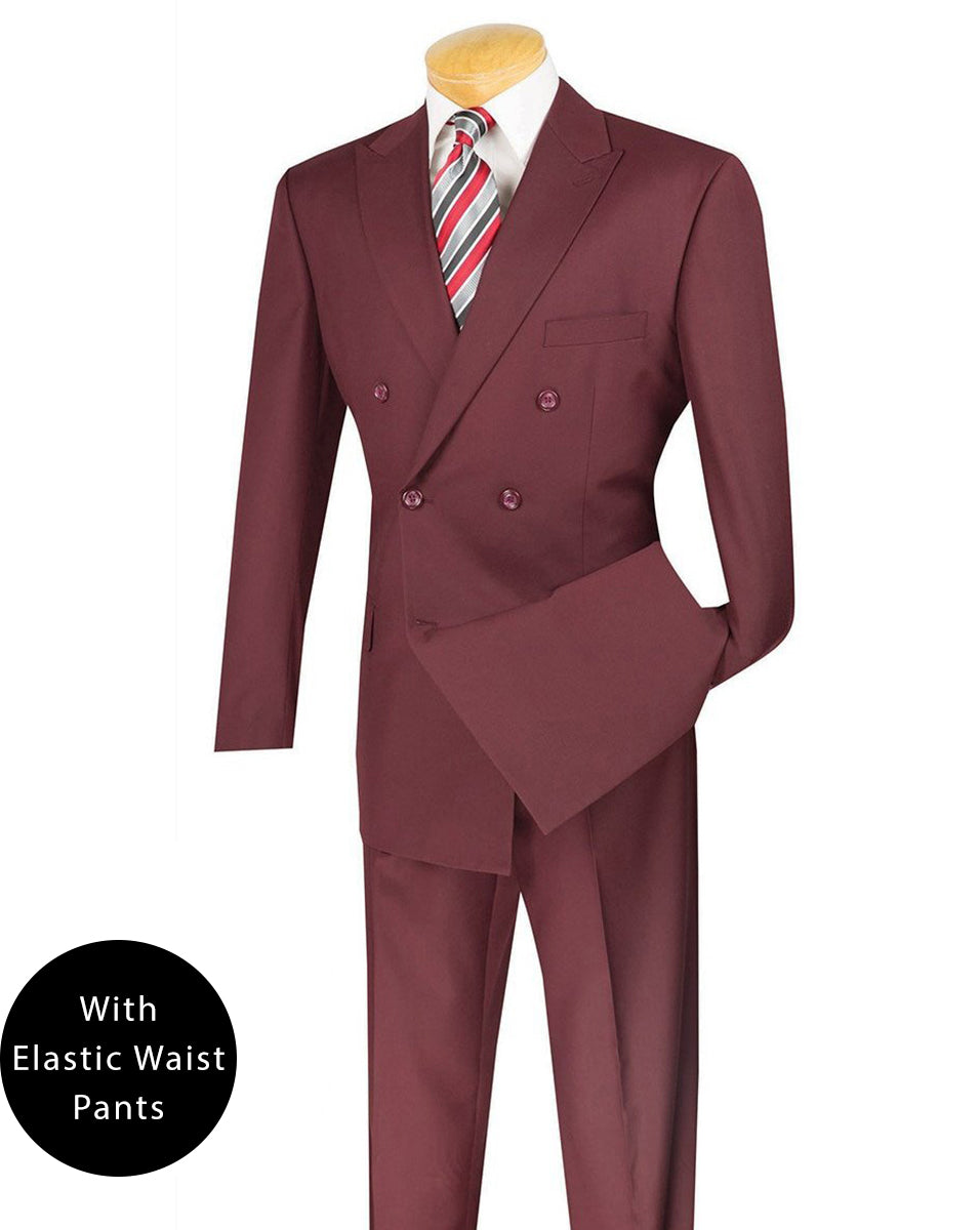 Burgundy Regular Fit Double Breasted 2 Piece Suit with Flexible Elastic Waistband