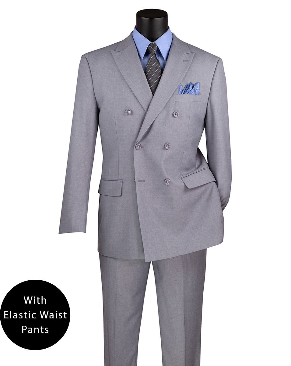 Light Gray Regular Fit Double Breasted 2 Piece Suit with Flexible Elastic Waistband