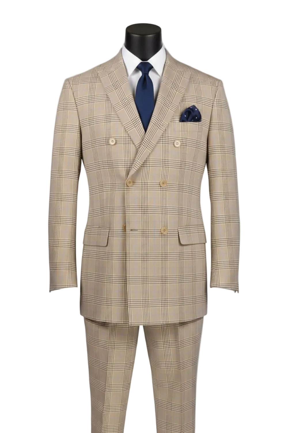 Alexander Collection - Regular Fit Beige Glen Plaid Double Breasted 2-Piece Suit