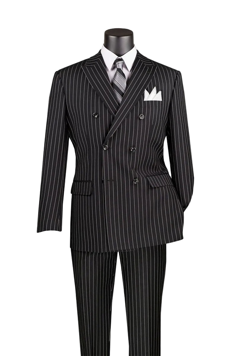 Rockefeller Collection - Double Breasted Stripe Suit Black Regular Fit 2 Piece with Adjustable Waistband Pants