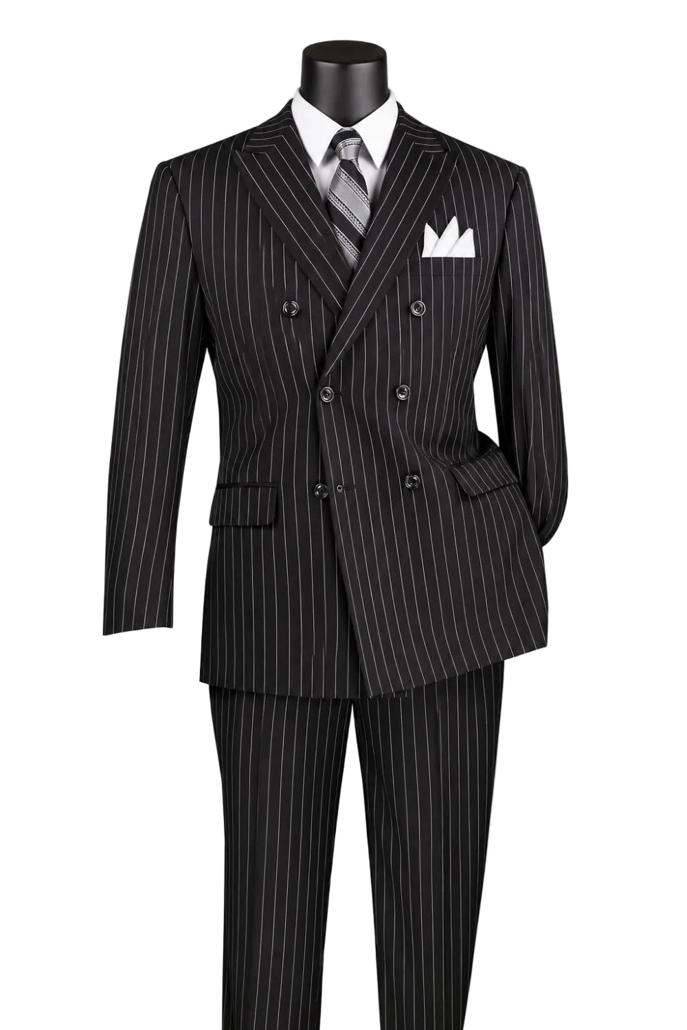 Rockefeller Collection - Double Breasted Stripe Suit Black Regular Fit 2 Piece with Adjustable Waistband Pants