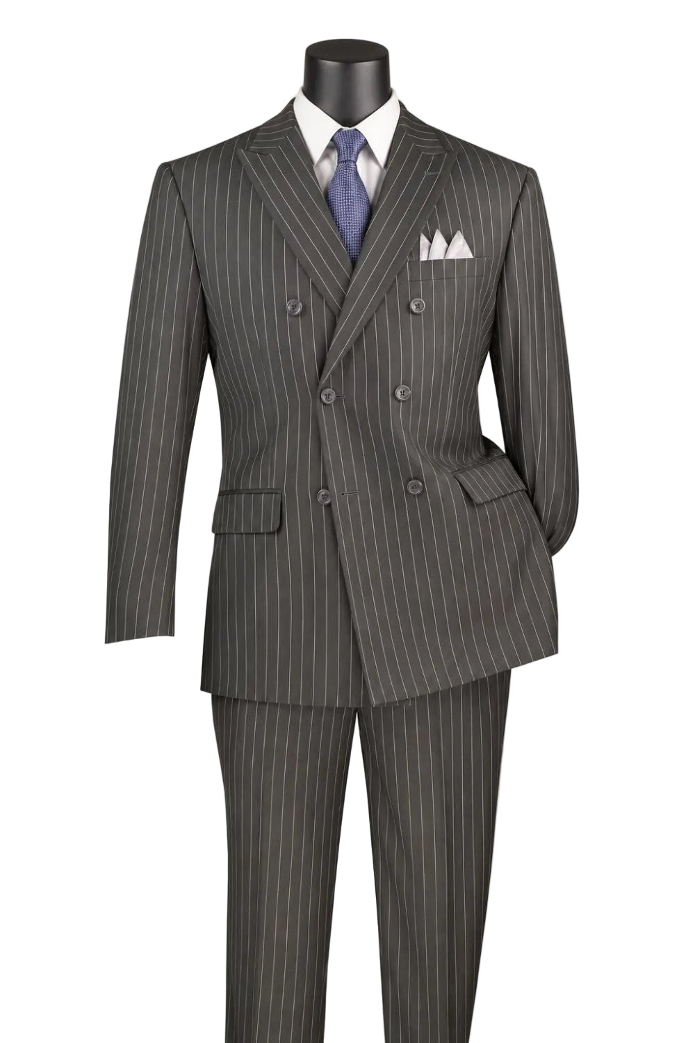Rockefeller Collection - Double Breasted Stripe Suit Charcoal Regular Fit 2 Piece with Adjustable Waistband Pants