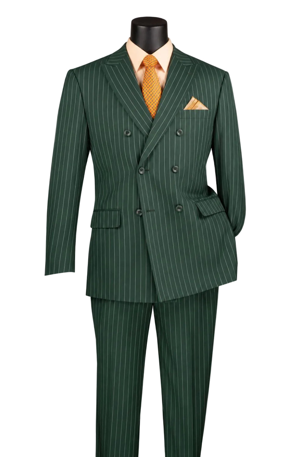 Rockefeller Collection - Double Breasted Stripe Suit Hunter Green Regular Fit 2 Piece with Adjustable Waistband Pants