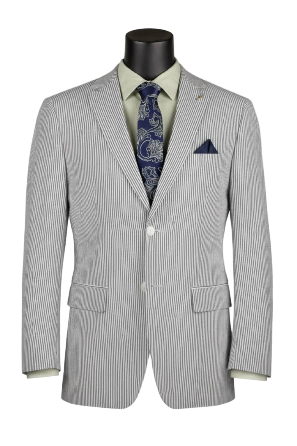 Gray pinstripe suit with a patterned tie and pocket square on a mannequin against a white background
