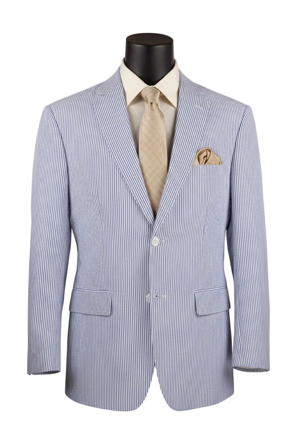 Light blue striped suit jacket on a mannequin with beige tie and pocket square against a white background