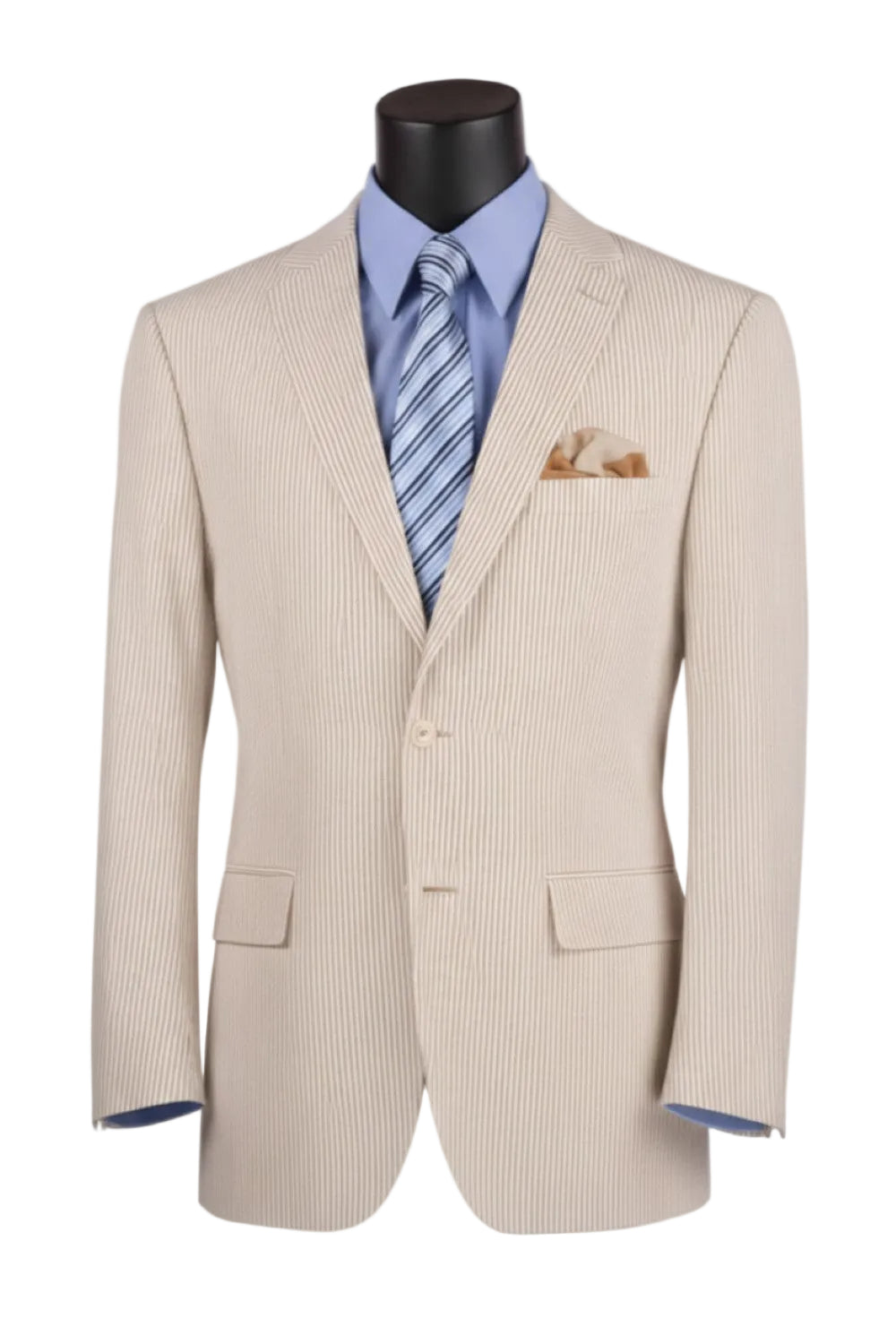 Tan suit jacket with a striped tie and pocket square on a mannequin against a white background