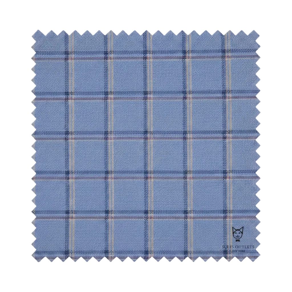 Blue plaid fabric swatch with a brand logo in the corner