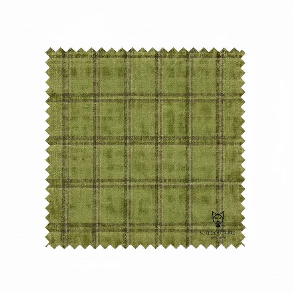 Green plaid fabric swatch with a brand logo in the corner on a white background