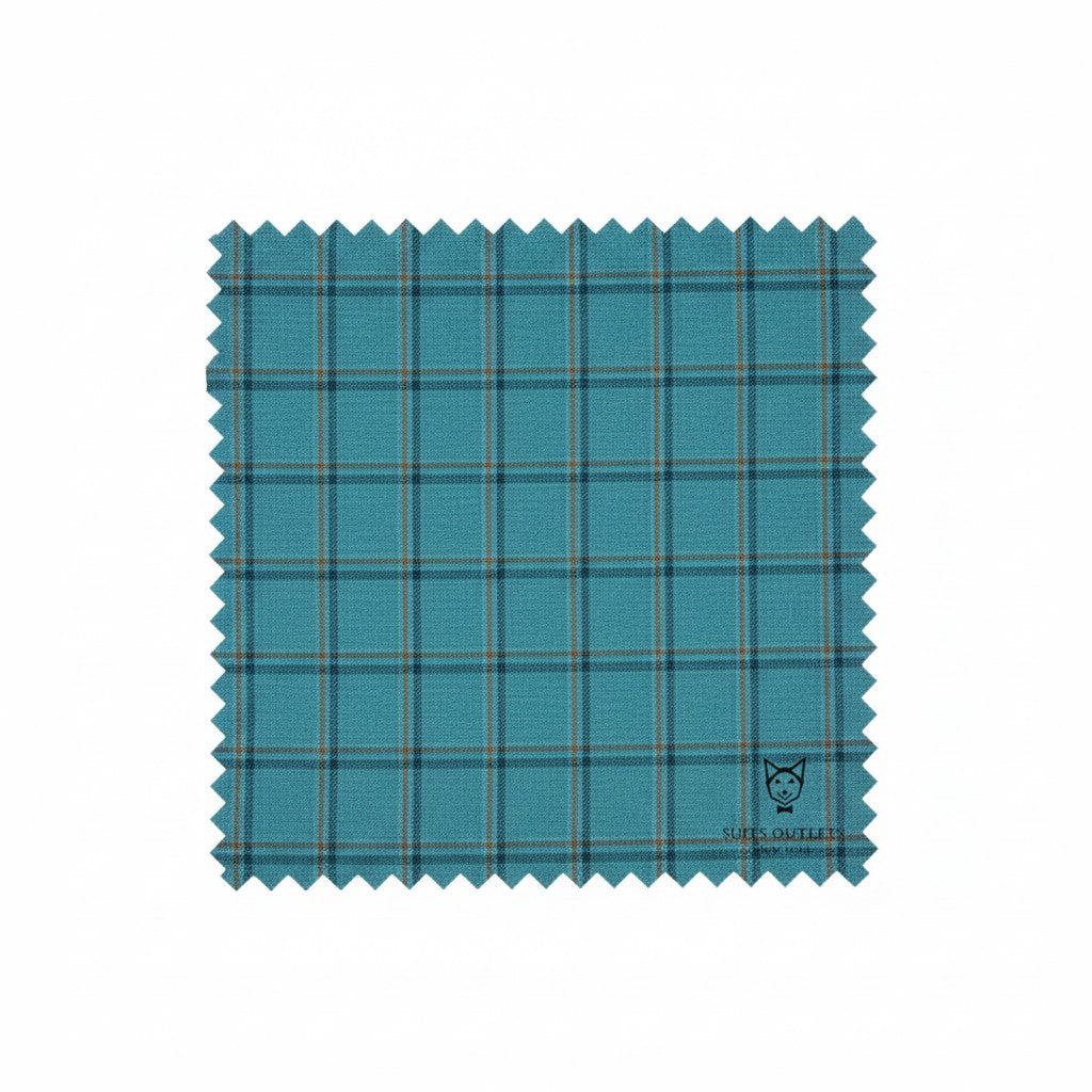 Blue plaid fabric swatch with a brand logo on a white background