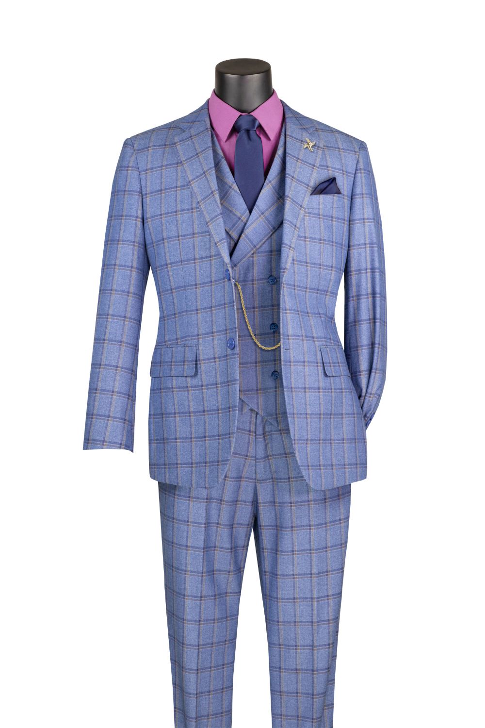 Lazio Collection - Modern Fit Windowpane Suit 3 Piece in Blue with Adjustable Waistband Pants