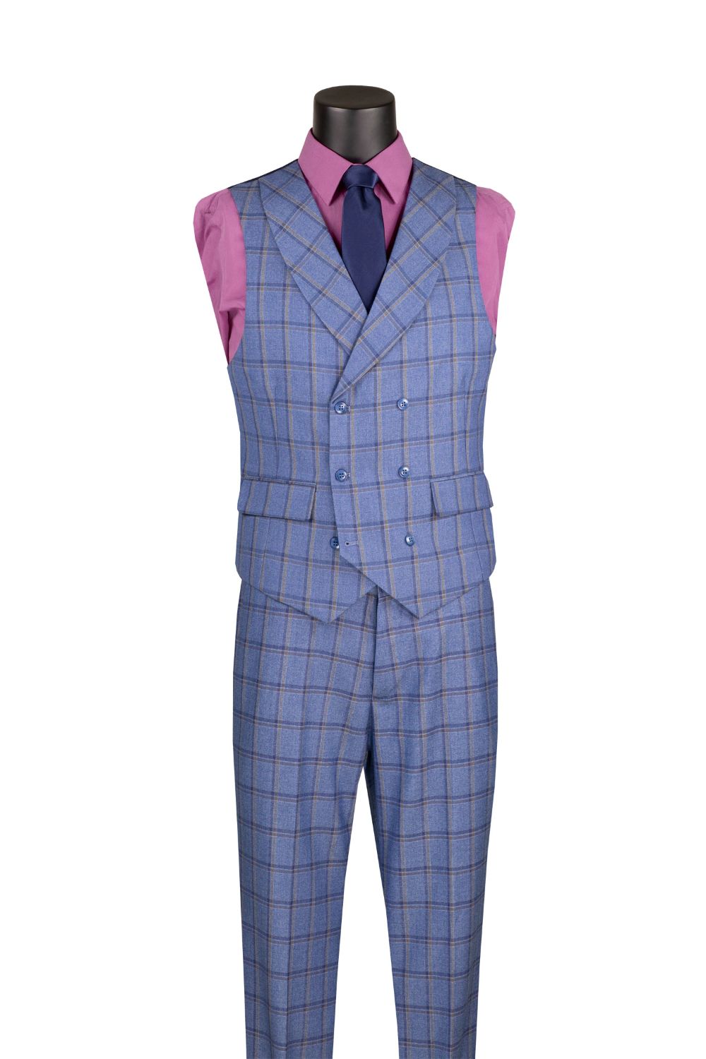 Lazio Modern Fit Blue Windowpane 3 Piece Suit with Adjustable Waistband Pants, showing tie and collar on white background.