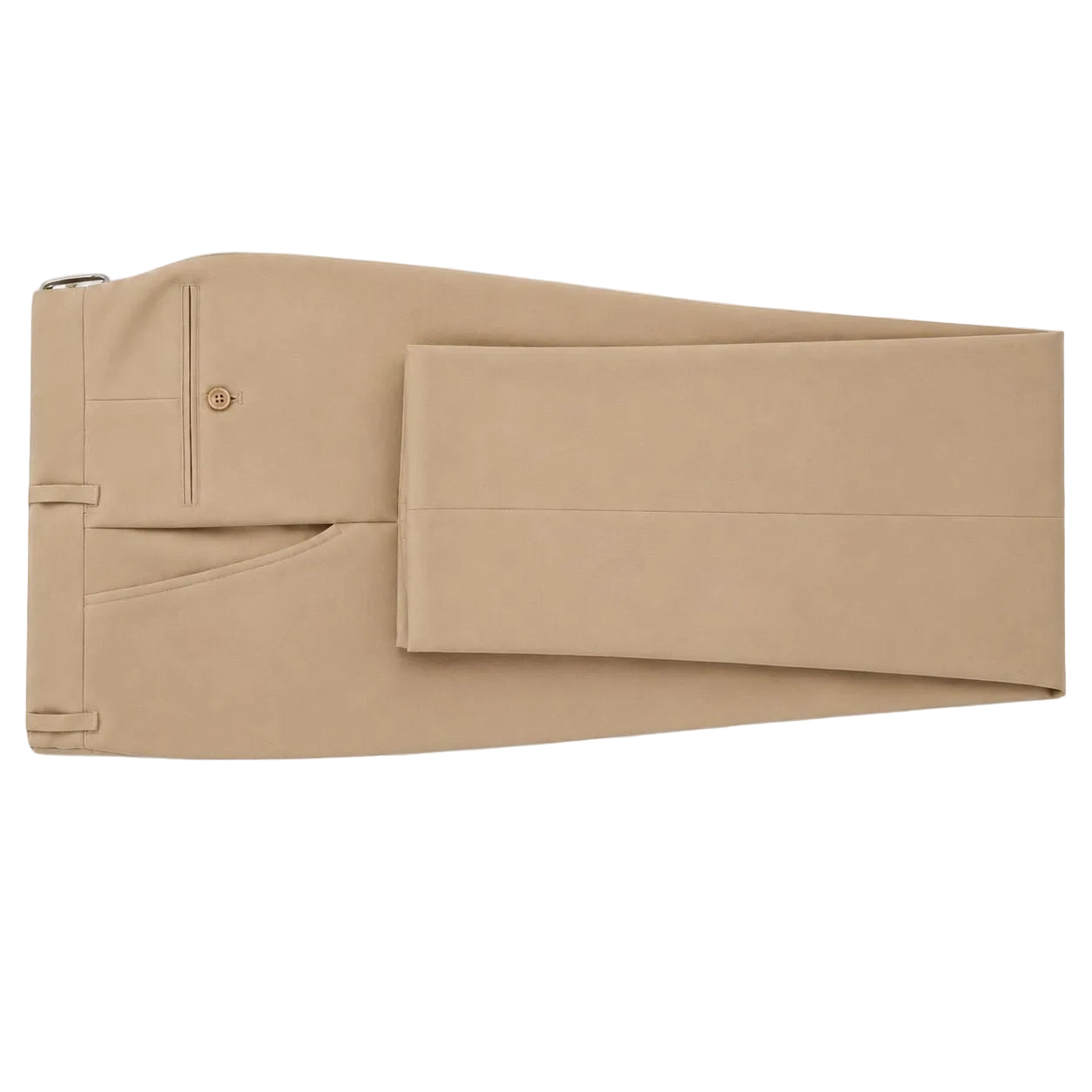 A pair of folded khaki trousers shown flat against a plain white background.