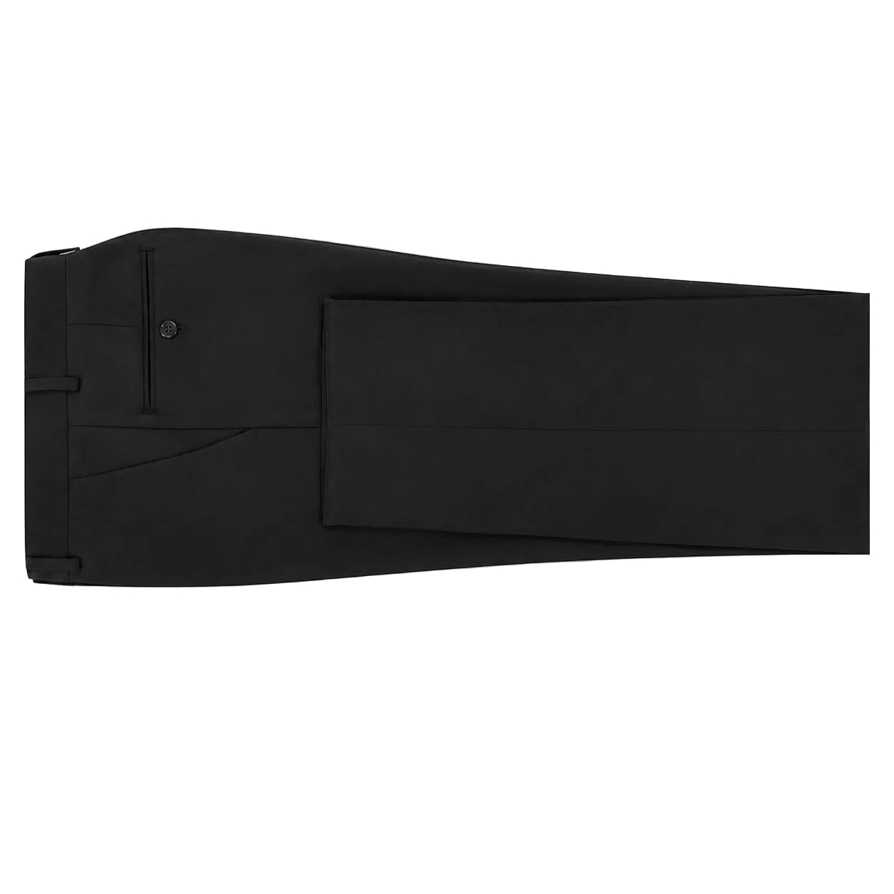A pair of black dress pants folded neatly on a solid white background, showing the front waistband, belt loops, and front pocket.