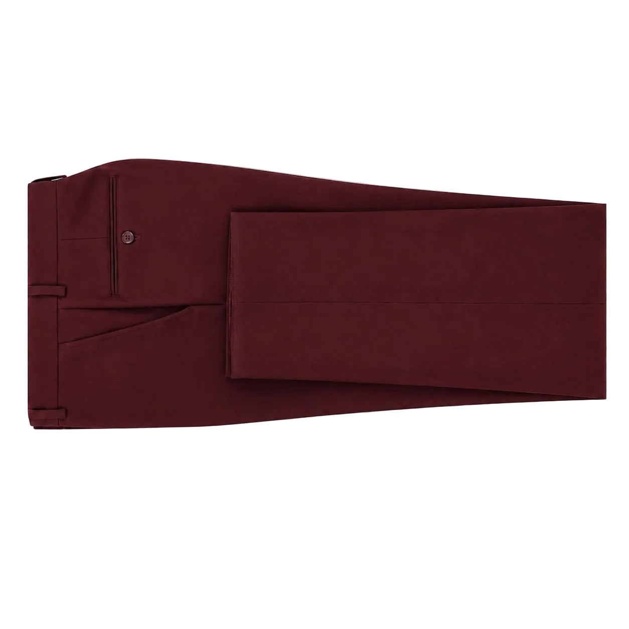A pair of burgundy dress pants folded neatly on a solid white background, showing the front waistband, belt loops, and front pocket.