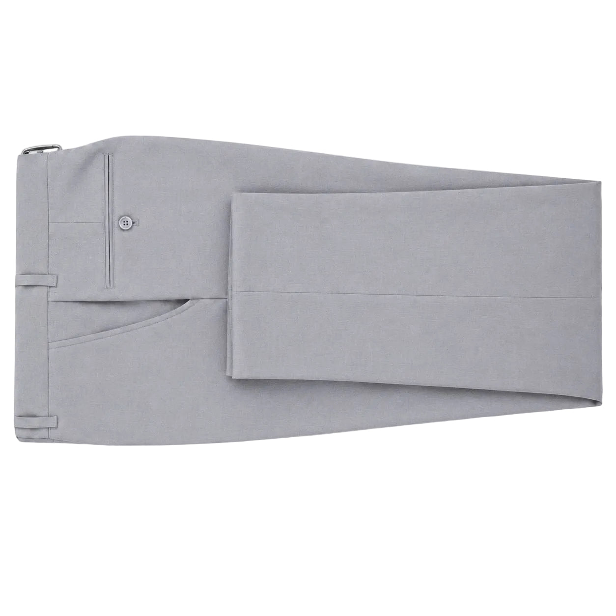 Light gray dress pants folded neatly on a white background, showing the waistband, belt loops, front pocket, and button closure.