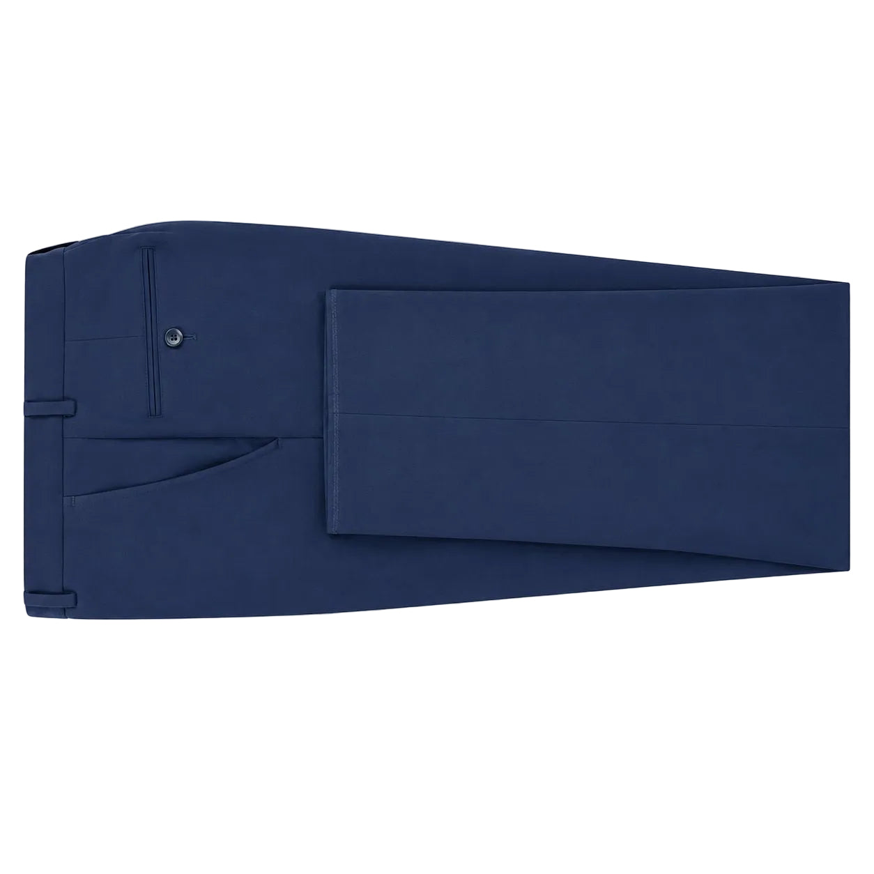 A pair of folded blue trousers shown flat against a plain white background.