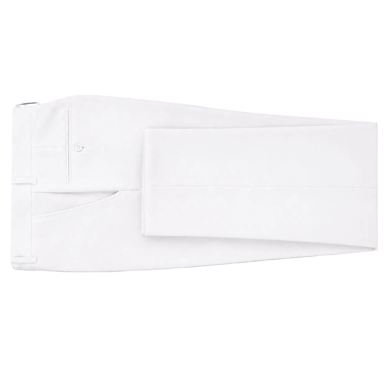 A pair of white dress pants folded neatly on a solid white background, showing the front waistband, belt loops, and front pocket.