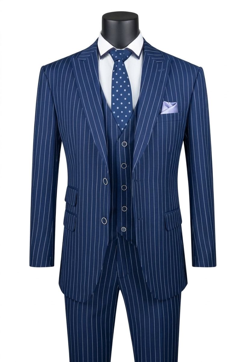 Odyssey Collection - Blue Regular Fit Bold Stripes 3-Piece Suit With Adjustable Waistband Pants